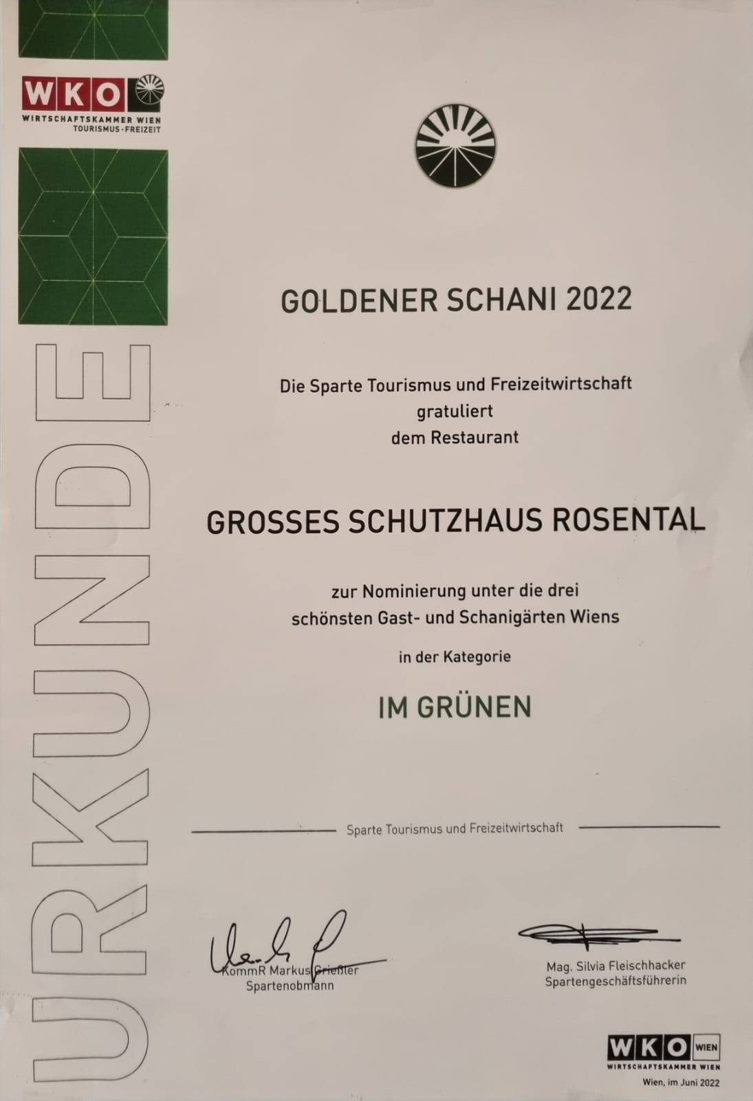 Urkunde Goldener Schani 2022 – Top-3 Schanigärten